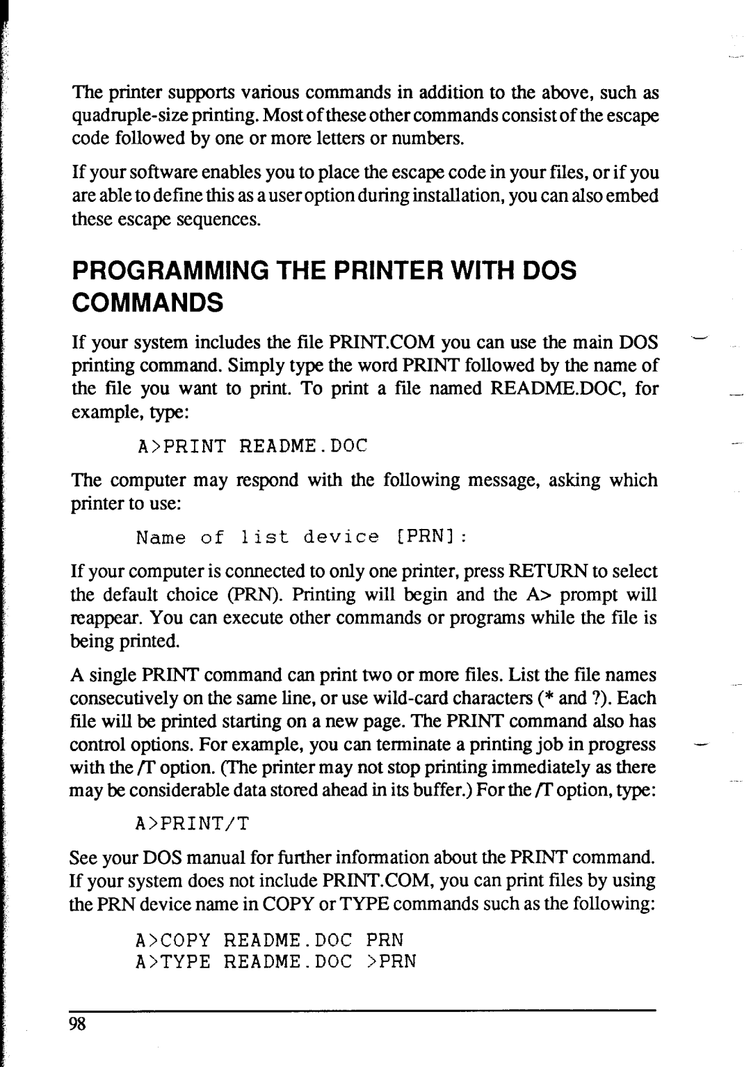 Star Micronics NX-1020 user manual Programming the Printer with DOS Commands, Aprint README.DOC 