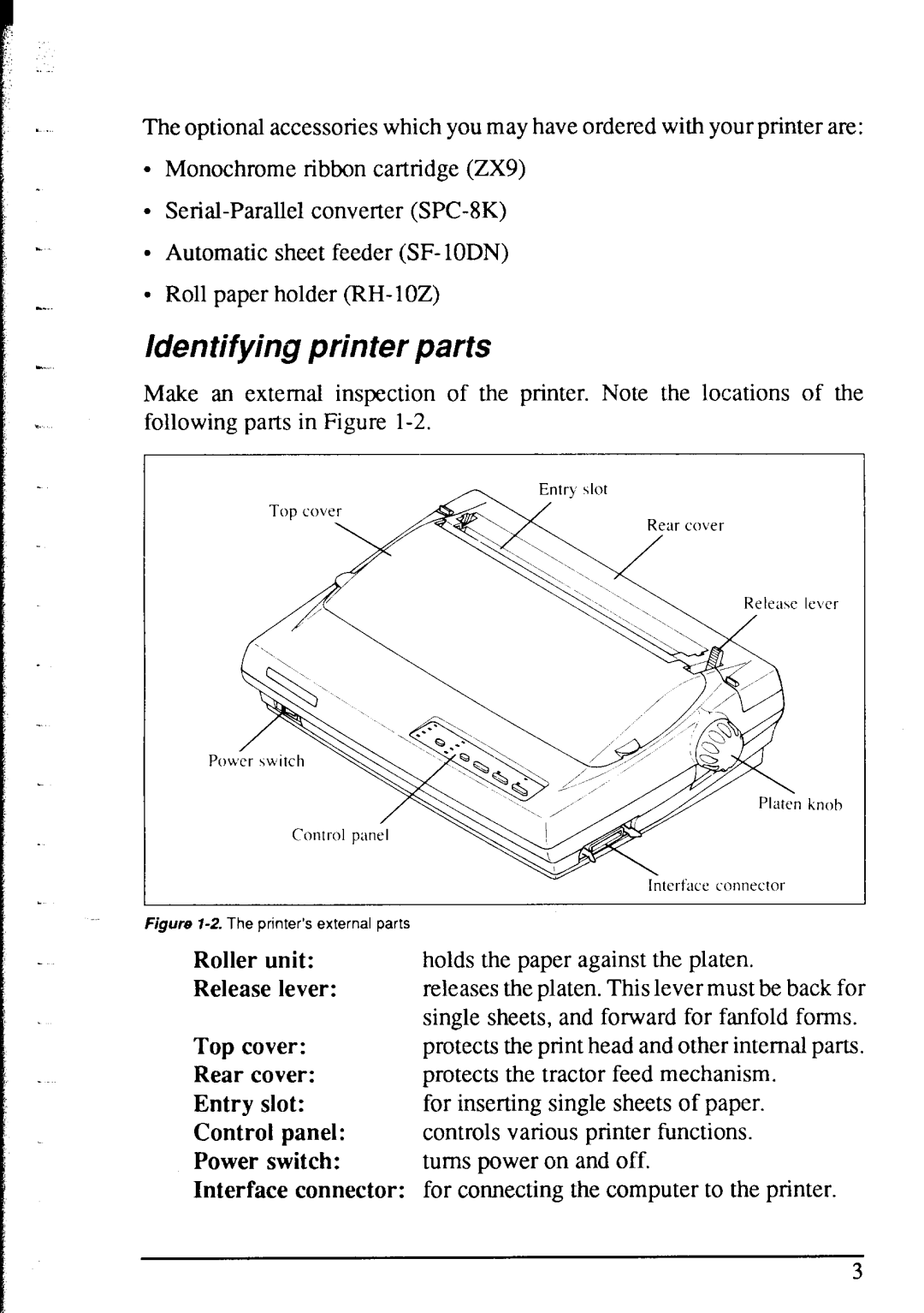 Star Micronics NX-1020 user manual Identifying printer parts 