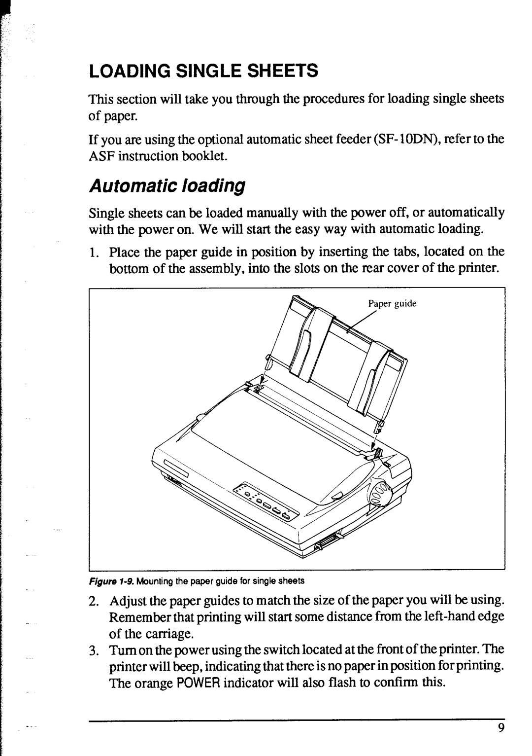 Star Micronics NX-1020 user manual Automatic loading, Loading Single Sheets 