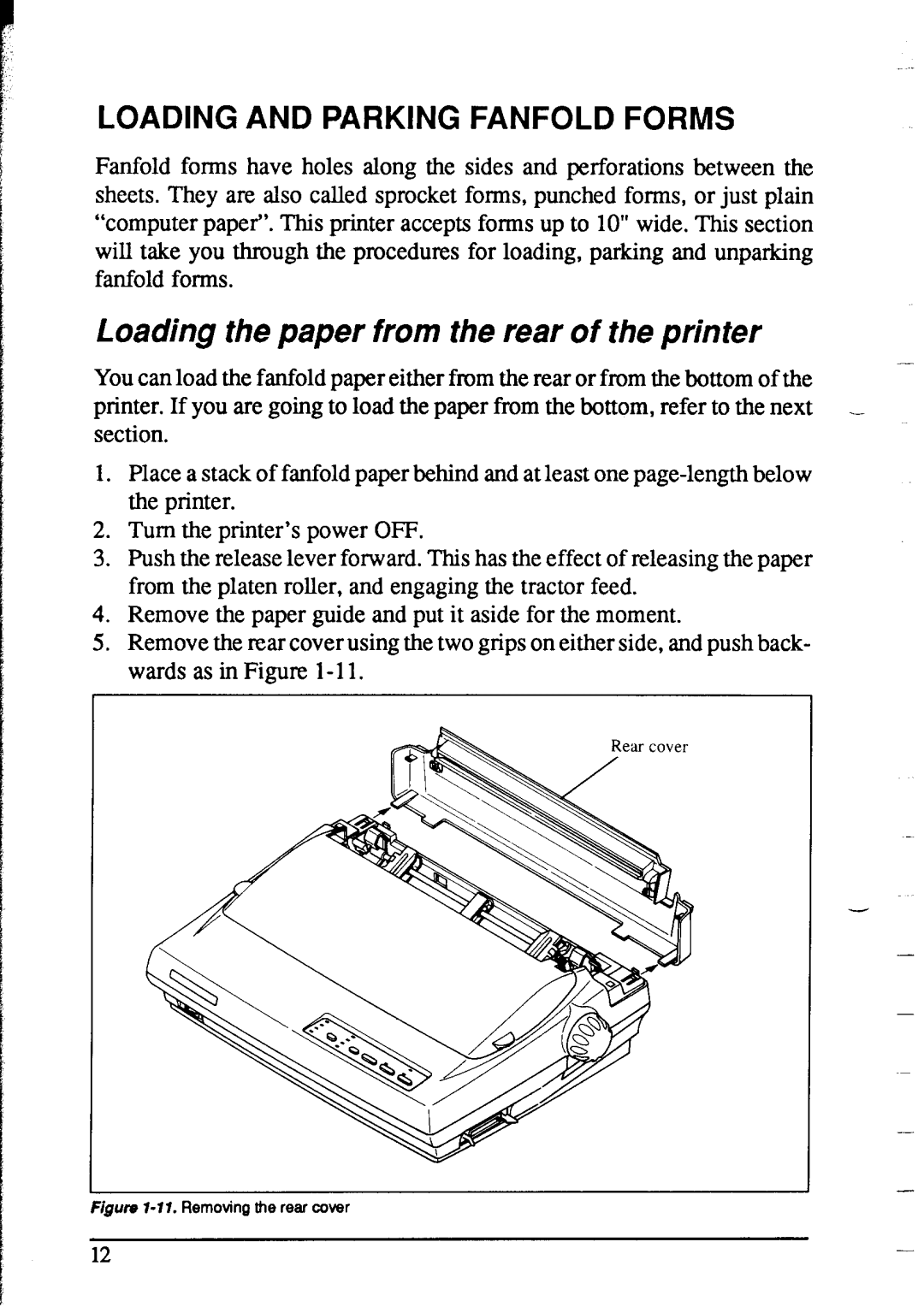 Star Micronics NX-1020 user manual Loading the paper from the rear of the printer, Iloading and Parking Fanfold Forms 