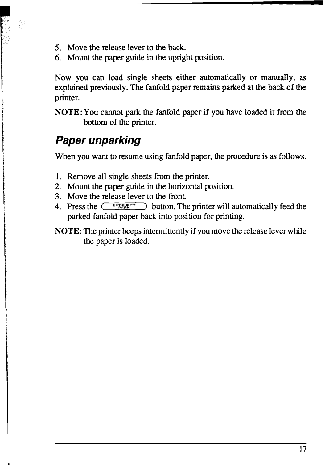 Star Micronics NX-1020 user manual Paper unparking 