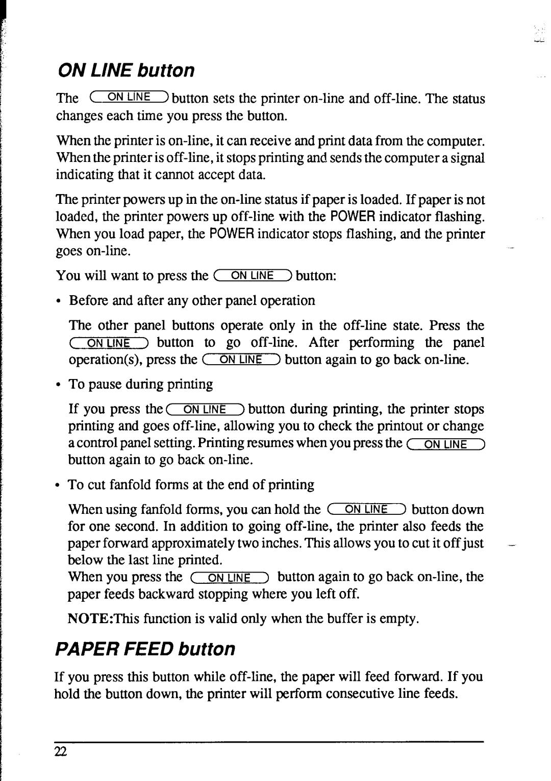 Star Micronics NX-1020 user manual On Line button, Paper Feed button 