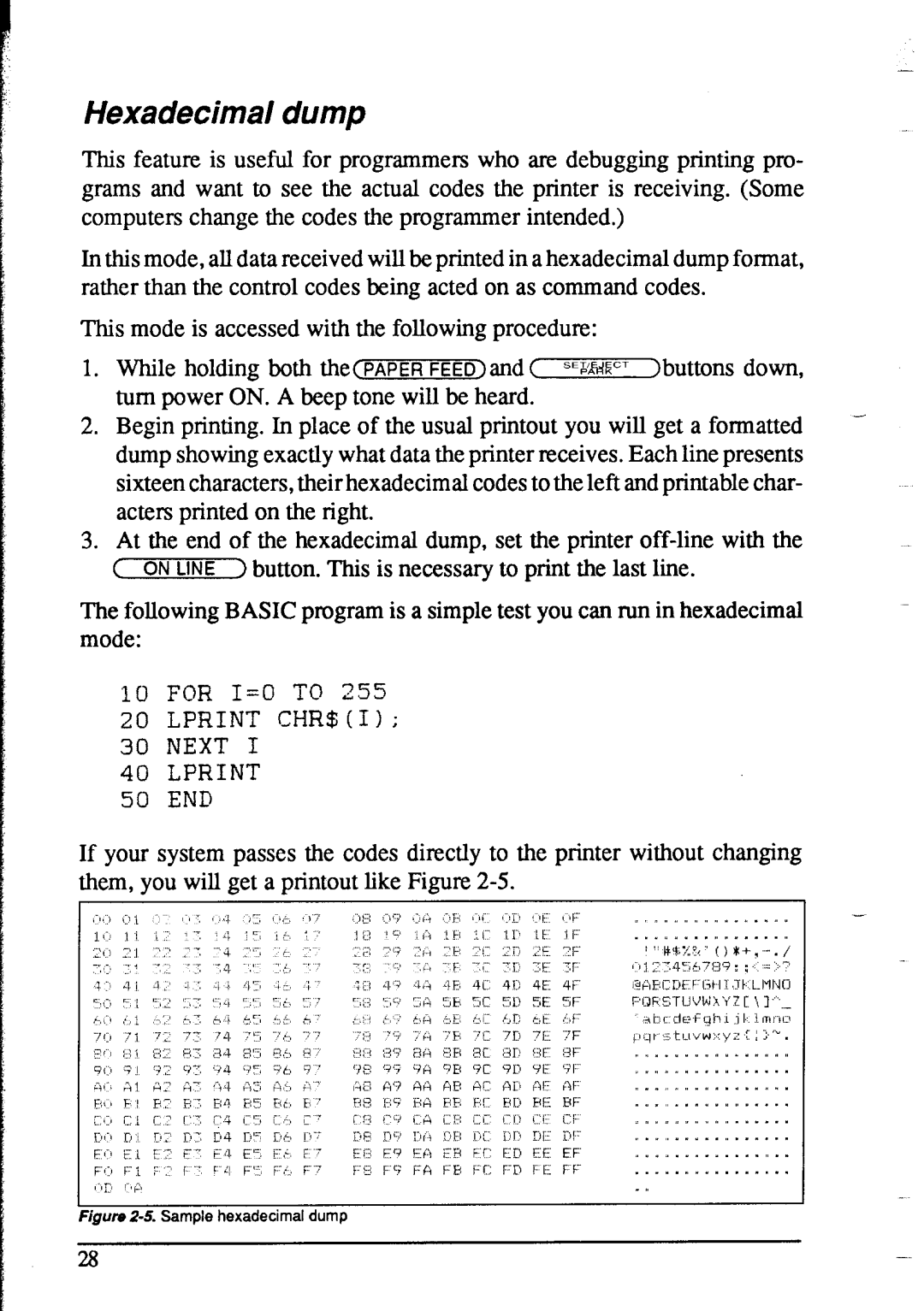 Star Micronics NX-1020 user manual Hexadecimal dump, Lprint CHR$I Next 