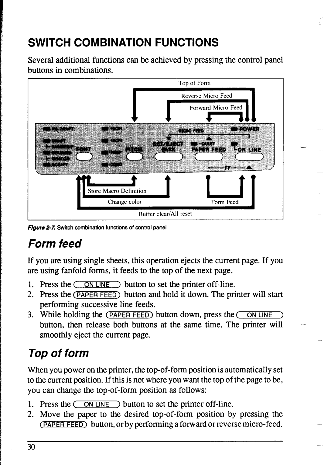 Star Micronics NX-1020 user manual Switch Combination Functions, Form feed, Top of form 