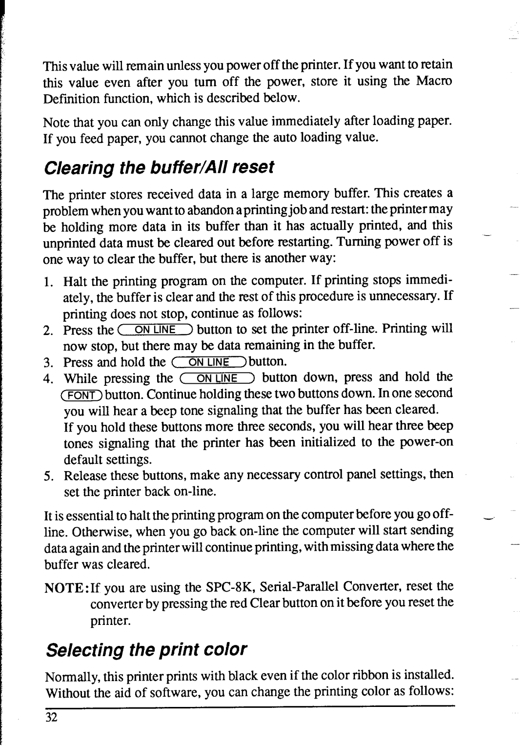 Star Micronics NX-1020 user manual Clearing the buffer/All reset, Selecting the print color 