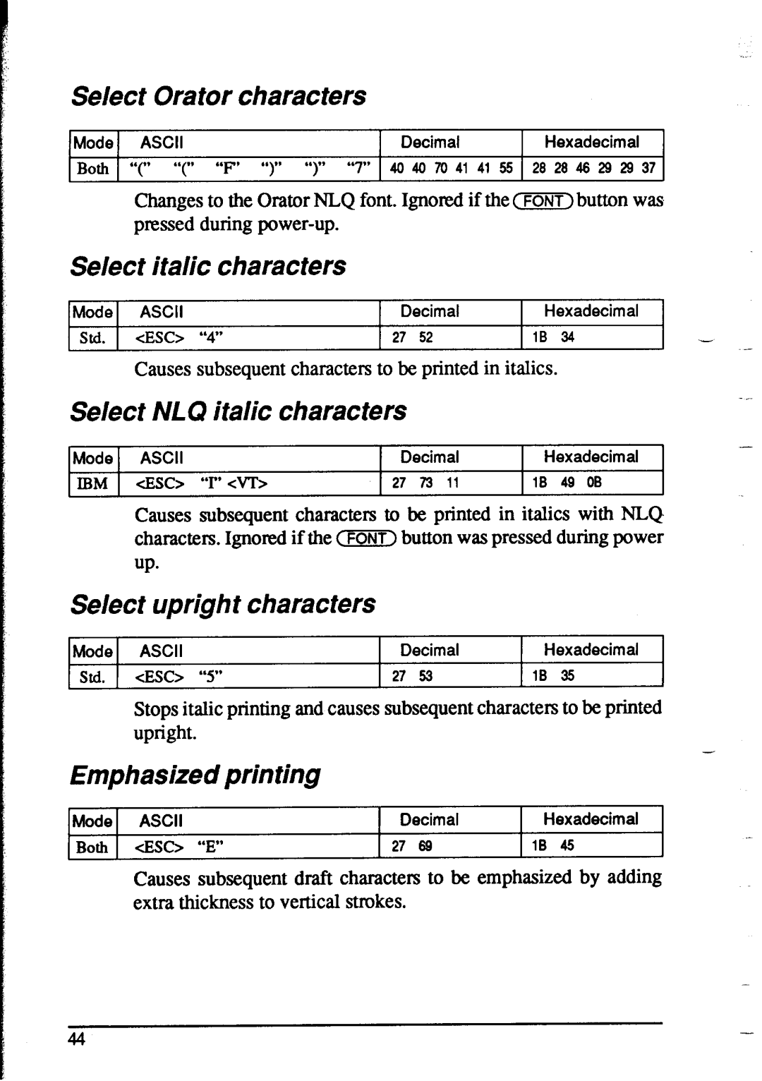 Star Micronics NX-1020 user manual Select Orator characters, Select italic characters, Select NLQ italic characters 