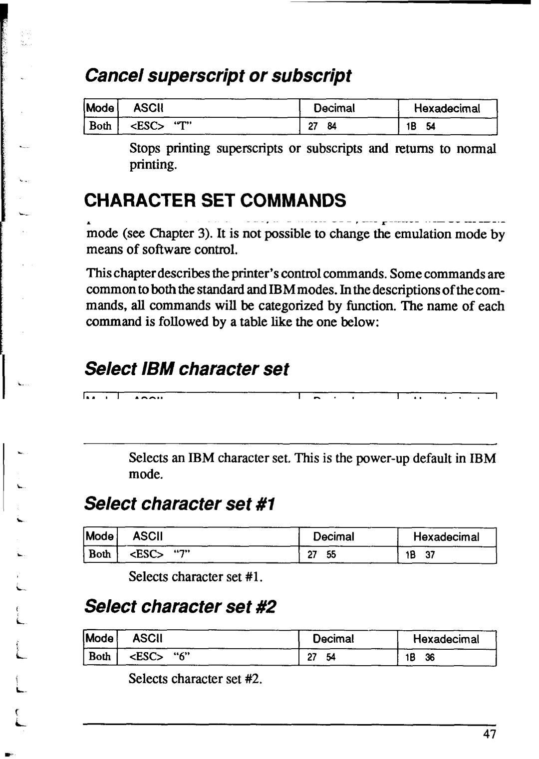 Star Micronics NX-1020 user manual Cancel superscript, Select standard character set, Select IBM character set 