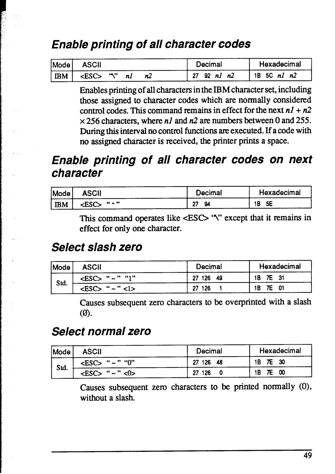 Star Micronics NX-1020 Enable printing of a// character codes, Enable printing of all character codes on next character 