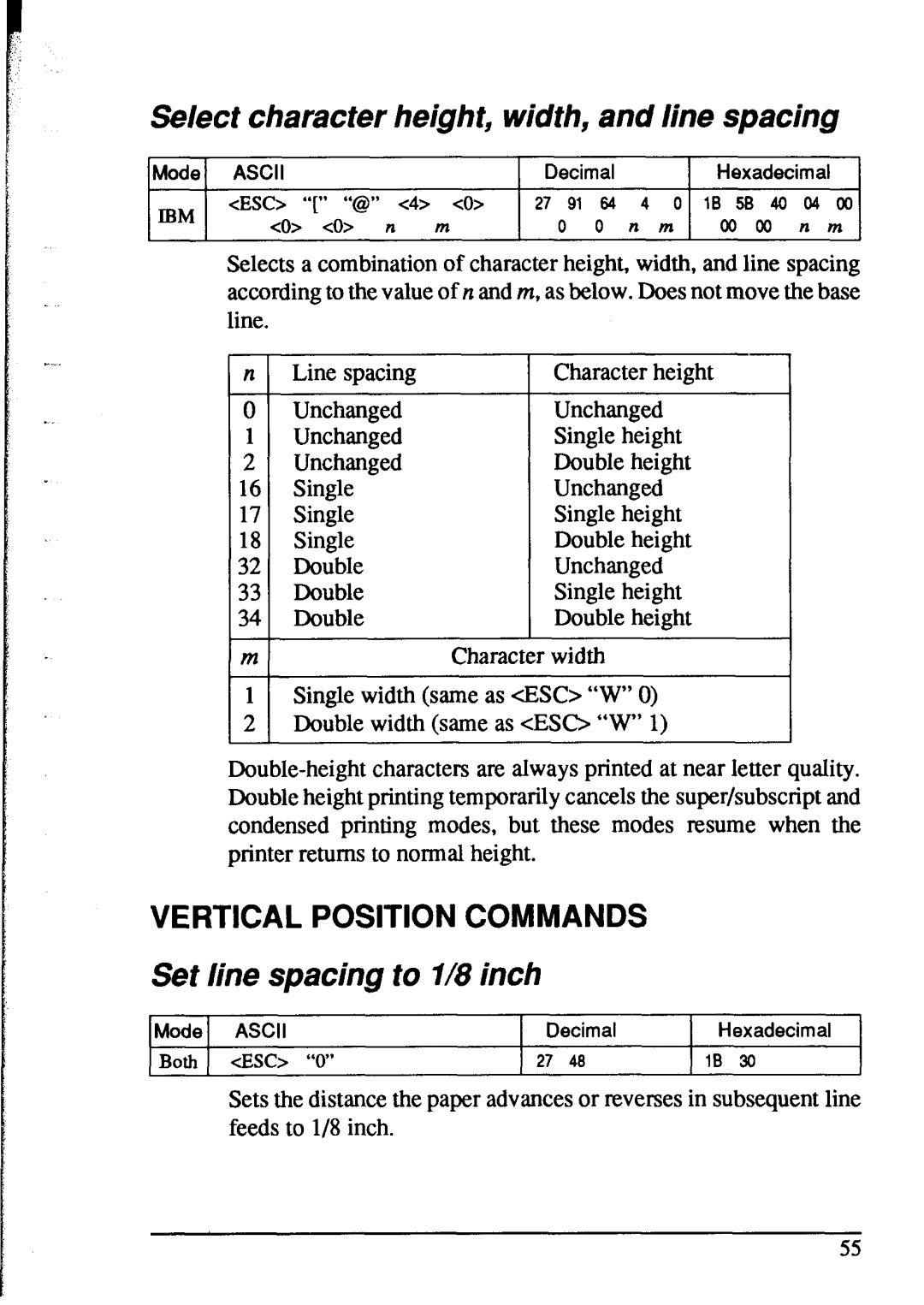 Star Micronics NX-1020 user manual Select character height, width, and line spacing, Vertical Position Commands 