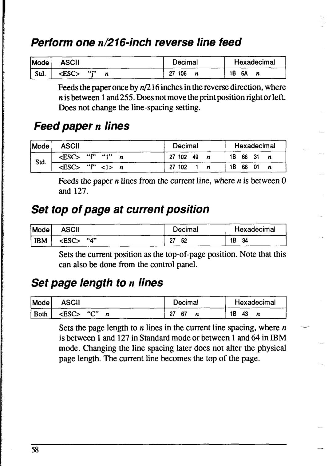 Star Micronics NX-1020 Perform one n/216=inch reverse line feed, Feed paper n lines, Set top of page at current position 