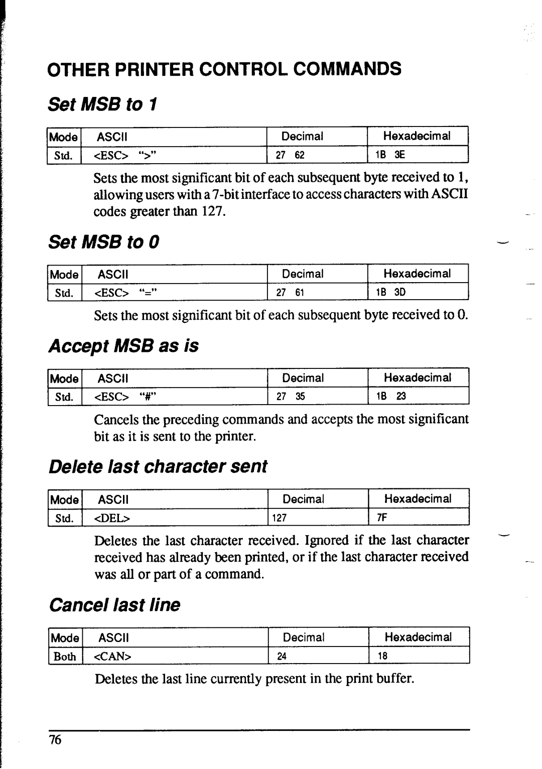 Star Micronics NX-1020 user manual Other Printer Control Commands, Set MSB to, Accept MSB as is, Delete last character sent 