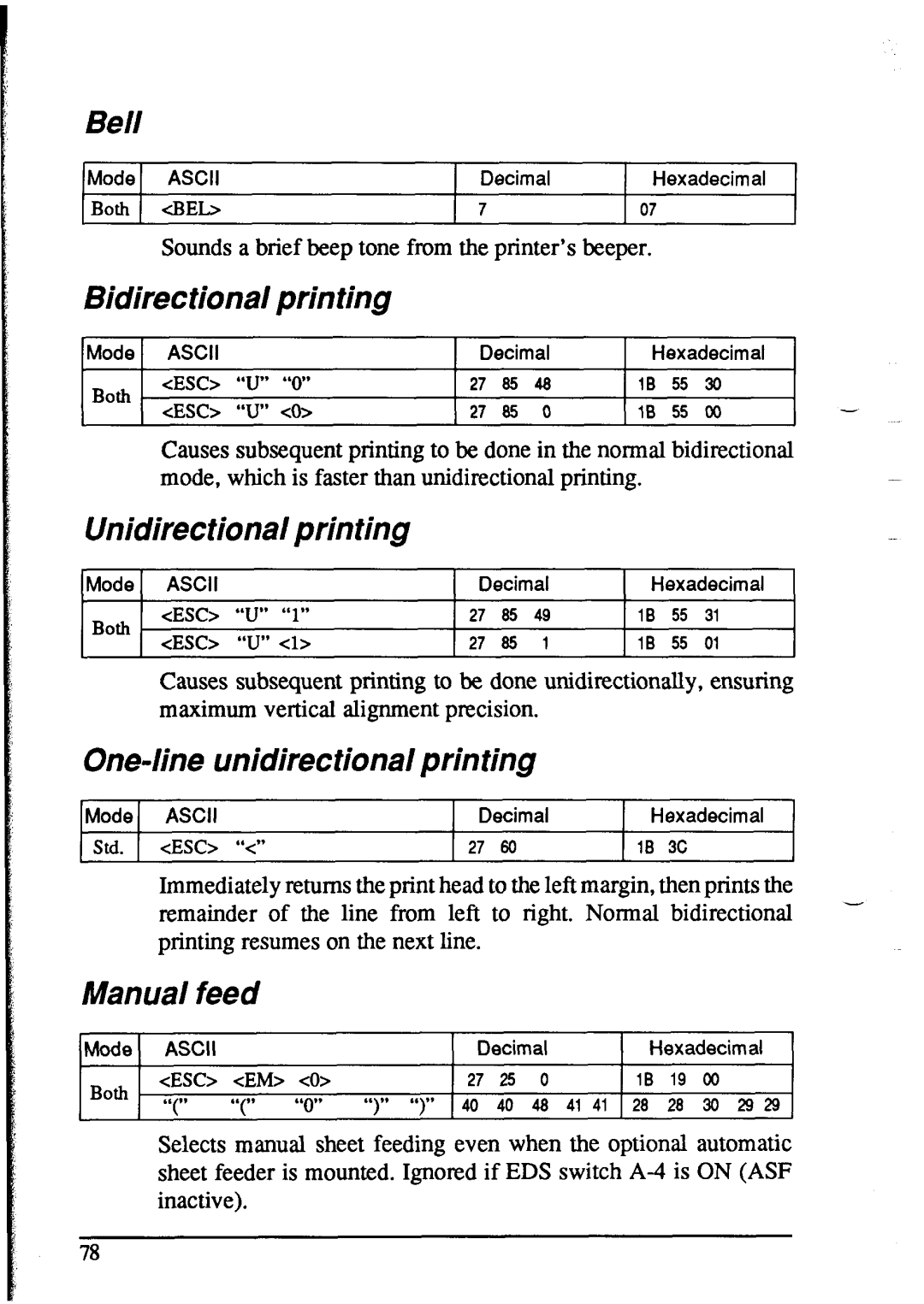 Star Micronics NX-1020 user manual Bell, Bidirectional printing, Printing, One-line unidirectional printing, Manual feed 