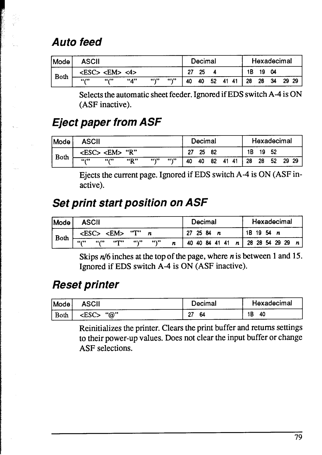 Star Micronics NX-1020 user manual Auto feed, Eject paper from ASF, Set print start position on ASF, Reset printer 