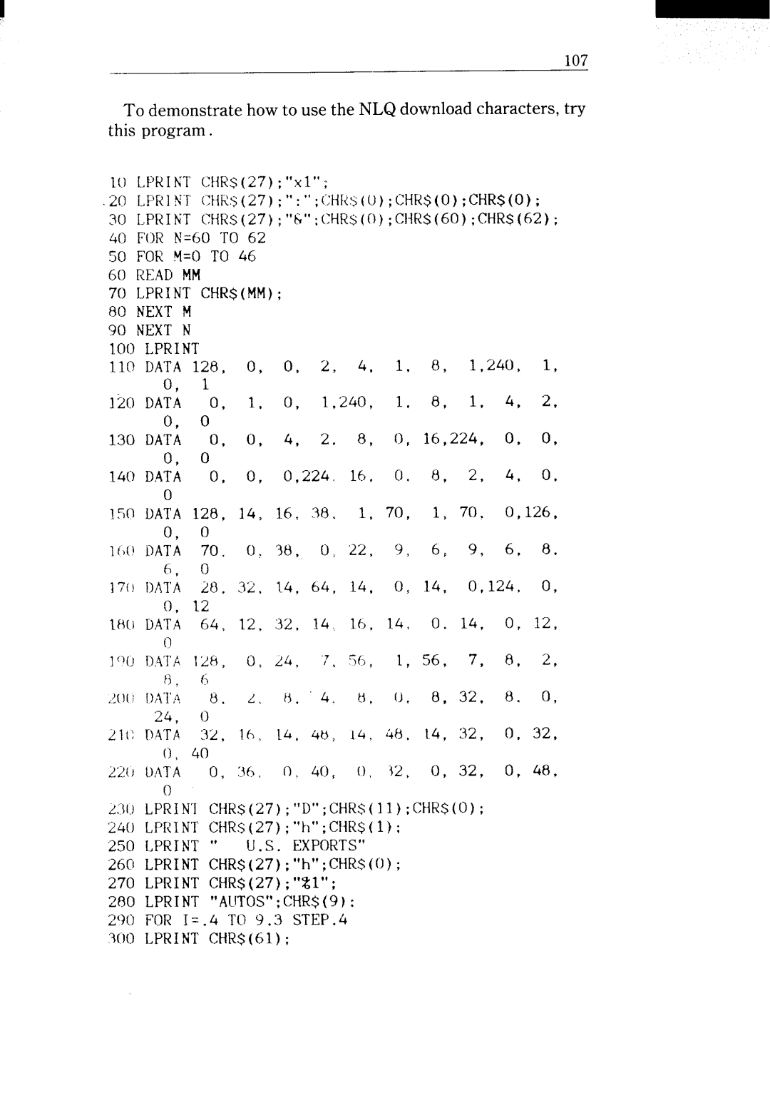 Star Micronics NX-15 user manual LPRINT CHR$27“&”CHR$0CHR$60 CHR$62, FOR M=OTO 60 READ MM, 4, 48, 14. 48, 1.4 