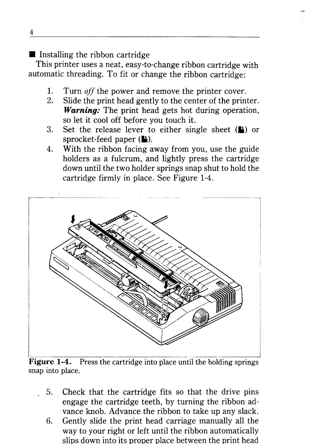 Star Micronics NX-15 user manual Installing the ribbon cartridge 