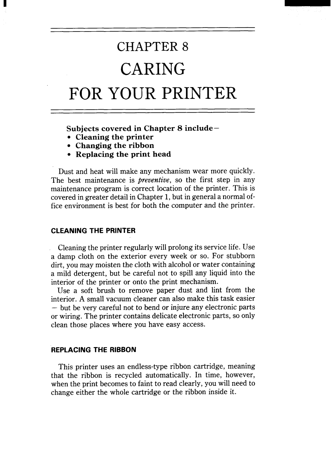 Star Micronics NX-15 user manual Caring For Your Printer, Chapter, Subjectscoveredin include Cleaningthe printer 