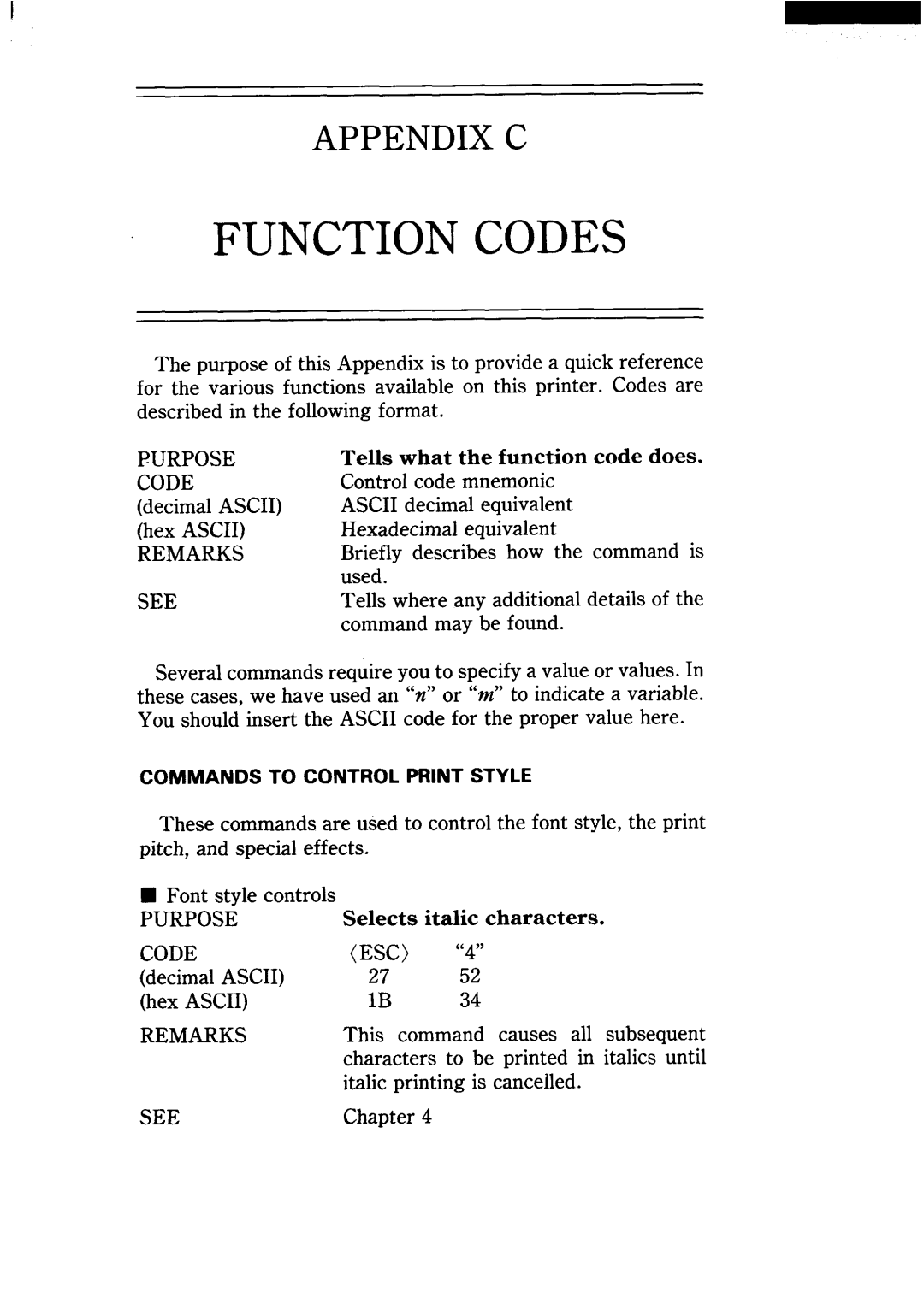 Star Micronics NX-15 user manual Functioncodes, Appendix C 