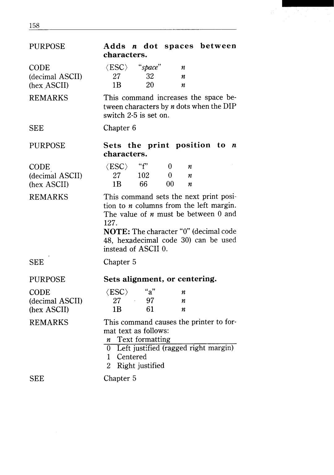 Star Micronics NX-15 user manual ESC “space” n, 27 32 n 
