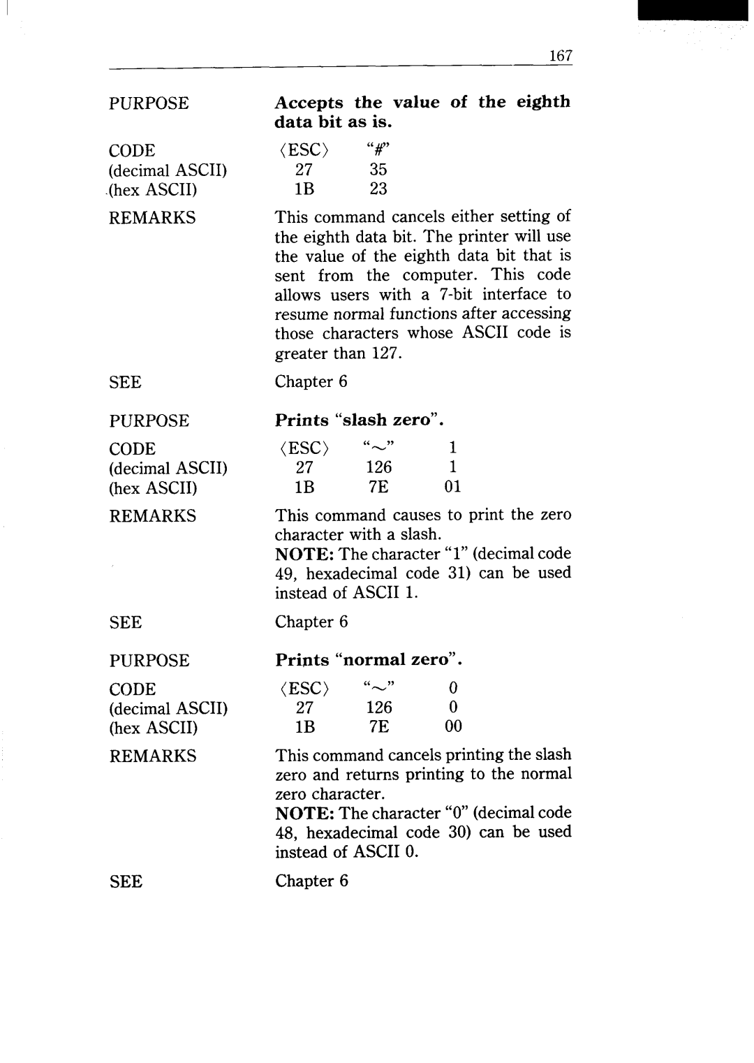 Star Micronics NX-15 user manual PURPOSE CODE decimal ASCII hex ASCII REMARKS SEE PURPOSE 