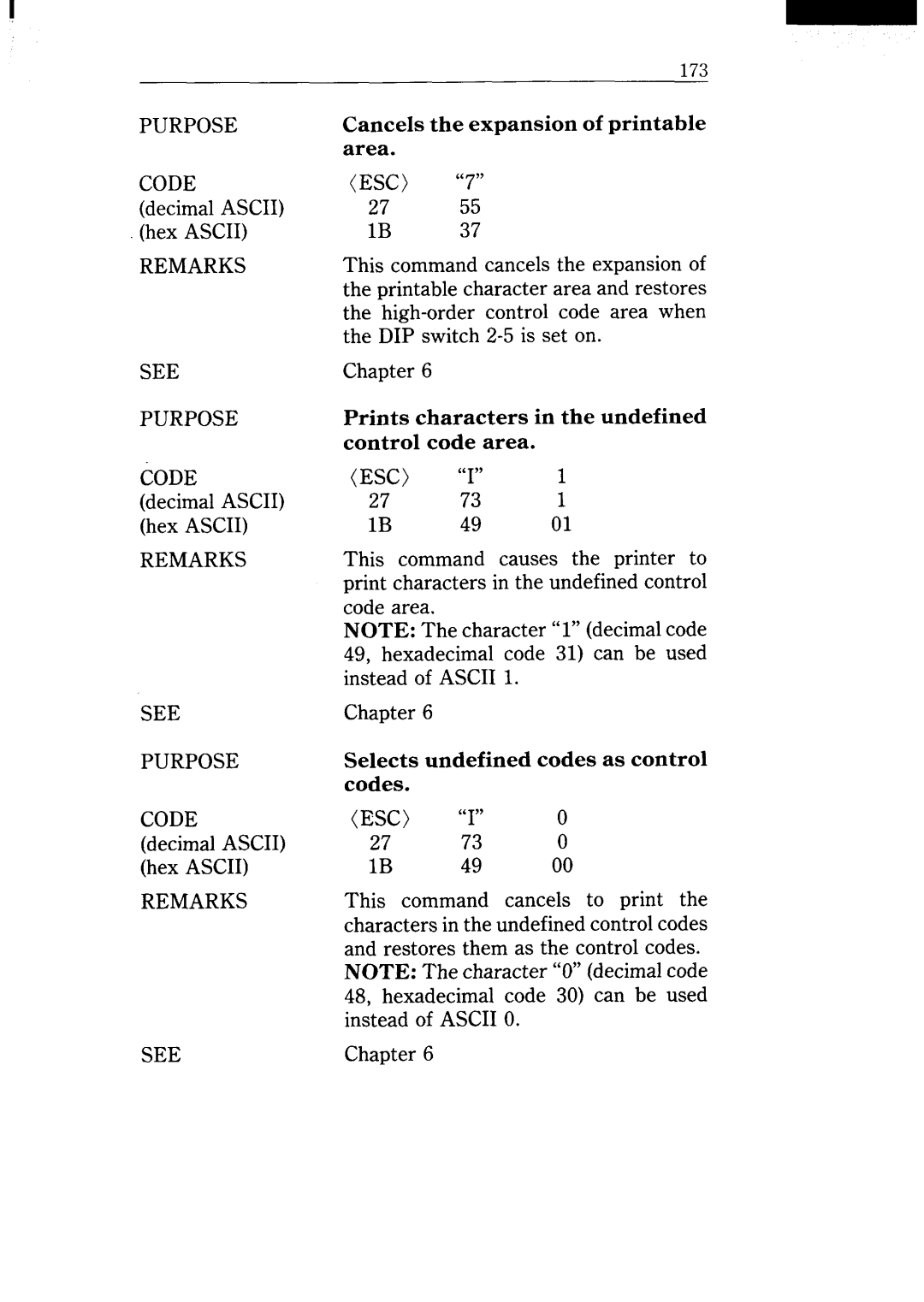 Star Micronics NX-15 user manual PURPOSE CODE decimal ASCII hex ASCII REMARKS SEE PURPOSE tiODE 