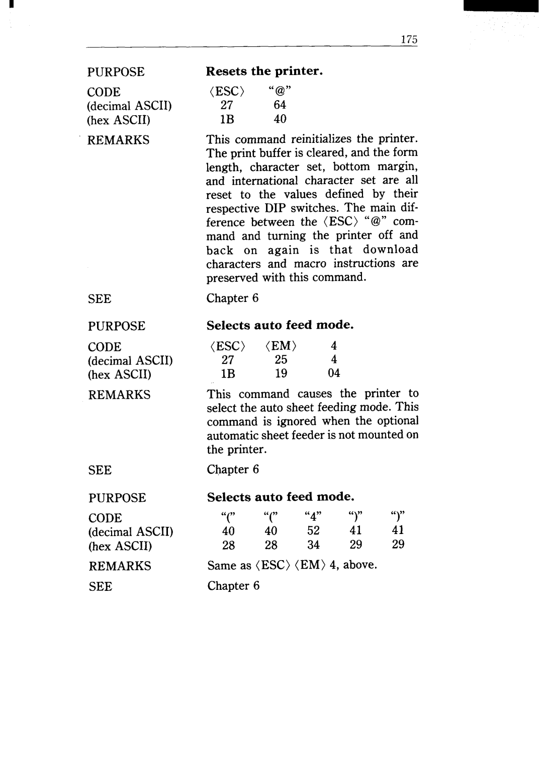 Star Micronics NX-15 user manual PURPOSE CODE decimal ASCII hex ASCII 