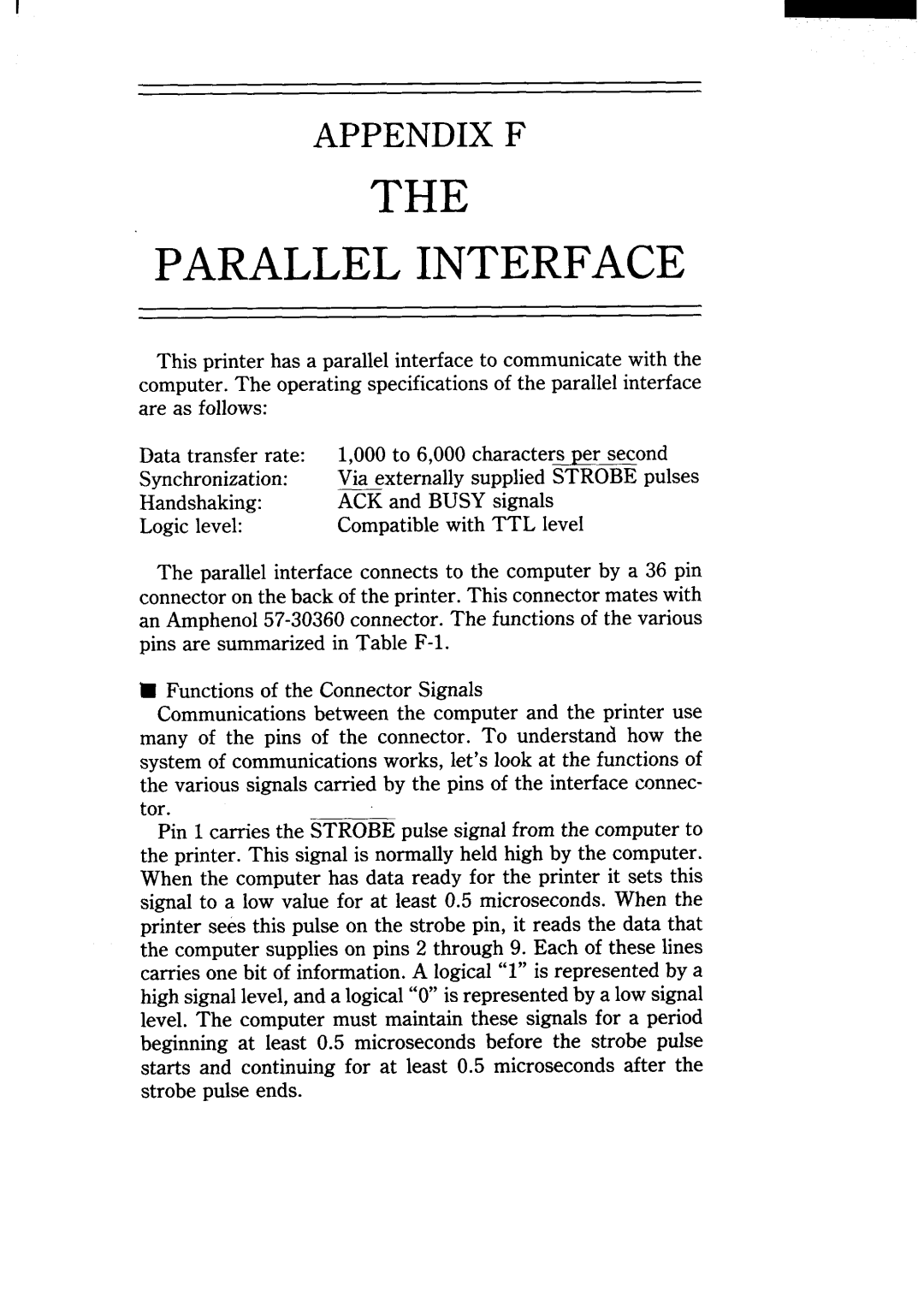 Star Micronics NX-15 user manual The Parallel Interface, Appendix F 