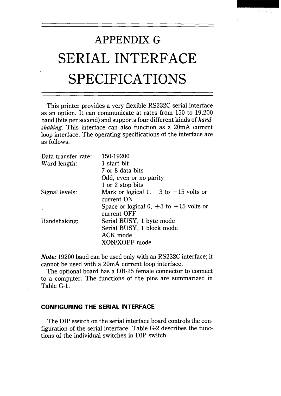 Star Micronics NX-15 user manual Serial Interface Specifications, Appendix G 