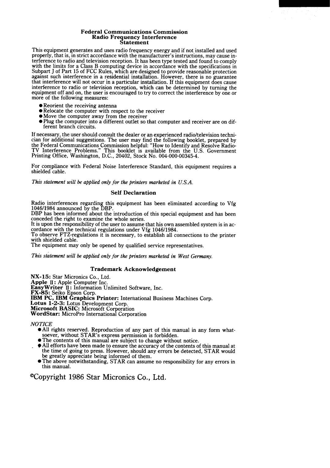 Star Micronics NX-15 user manual FederalCommunicationsCommission RadioFr uencyInterference %tatement, Self Declaration 