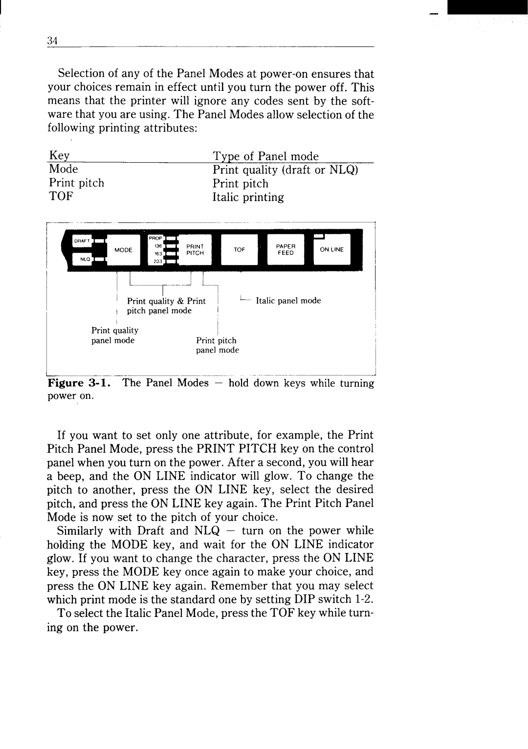 Star Micronics NX-15 user manual Key Mode Print pitch TOF 