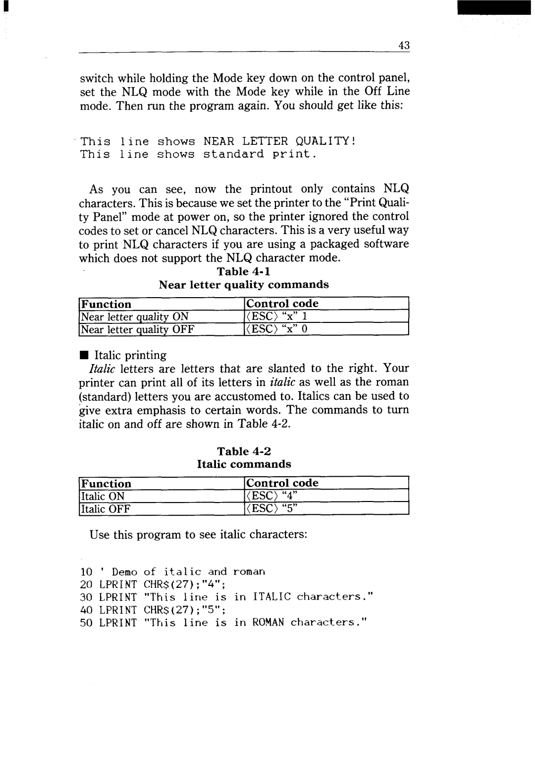 Star Micronics NX-15 user manual Italic ON, ESC “4”, Italic OFF, ESC “5” 