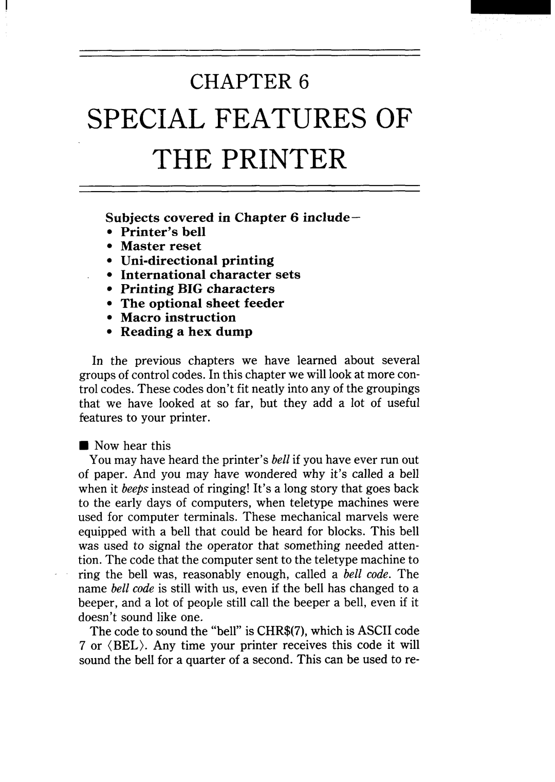 Star Micronics NX-15 Specialfeatures Of The Printer, Chapter, Subjectscoveredin inckde Printer’s bell Master reset 
