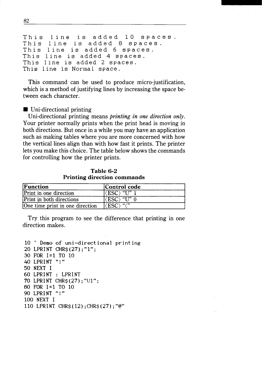 Star Micronics NX-15 user manual Print in one direction, Print in both directions, Esc “U” O 