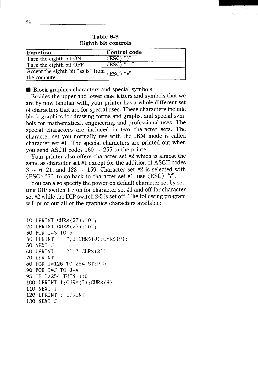 Star Micronics NX-15 user manual Turn the eighth bit ON, Esc “”, Turn the eighth bit OFF, Esc “=” 