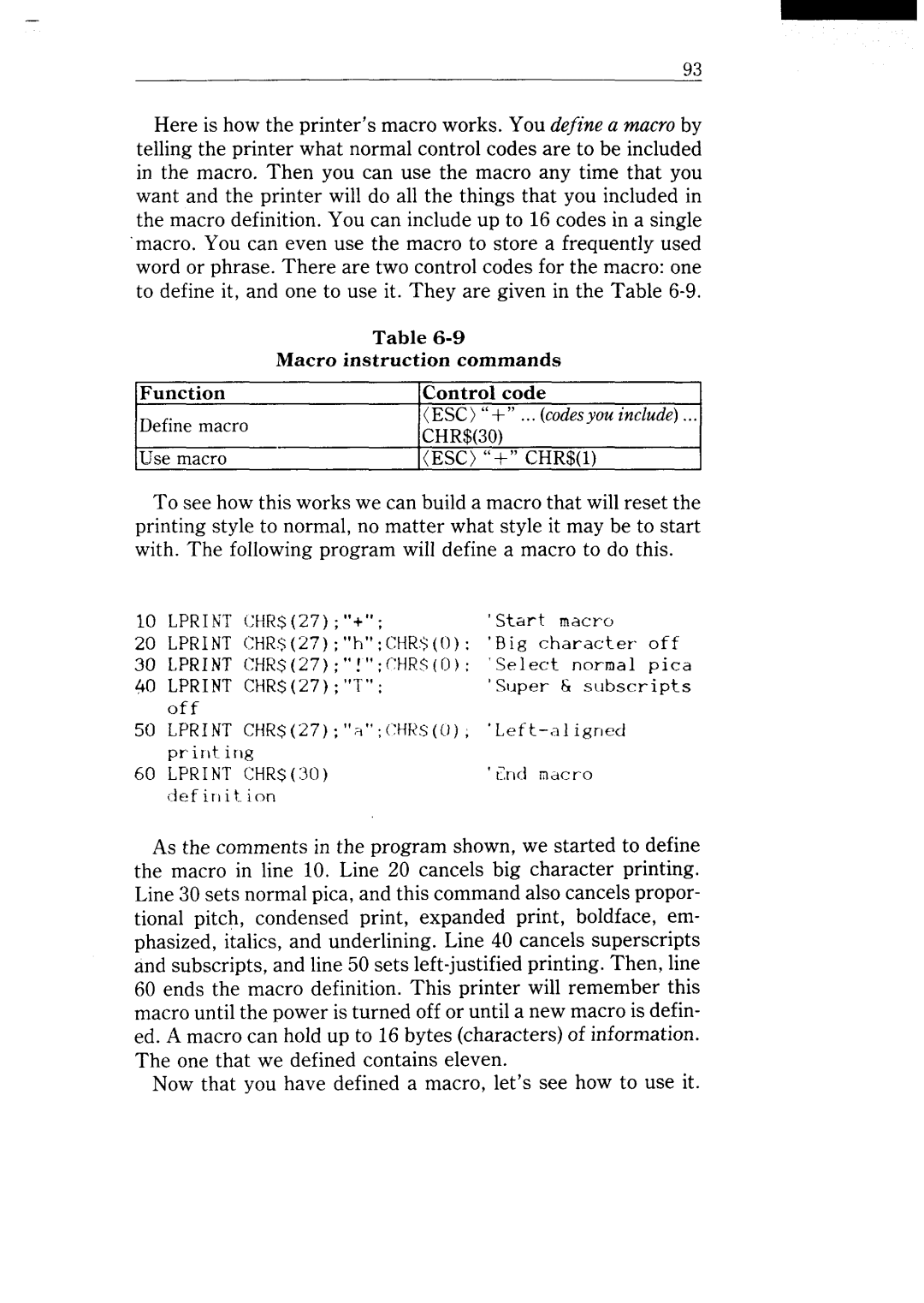 Star Micronics NX-15 user manual Definemacro, LPRINTCHR$27 ! Chrso Select normal pica 