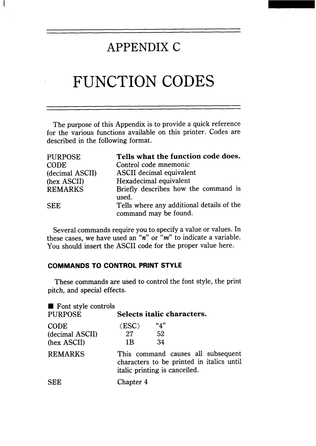 Star Micronics NX-15 user manual Purpose, Remarks, See, Code ESC 