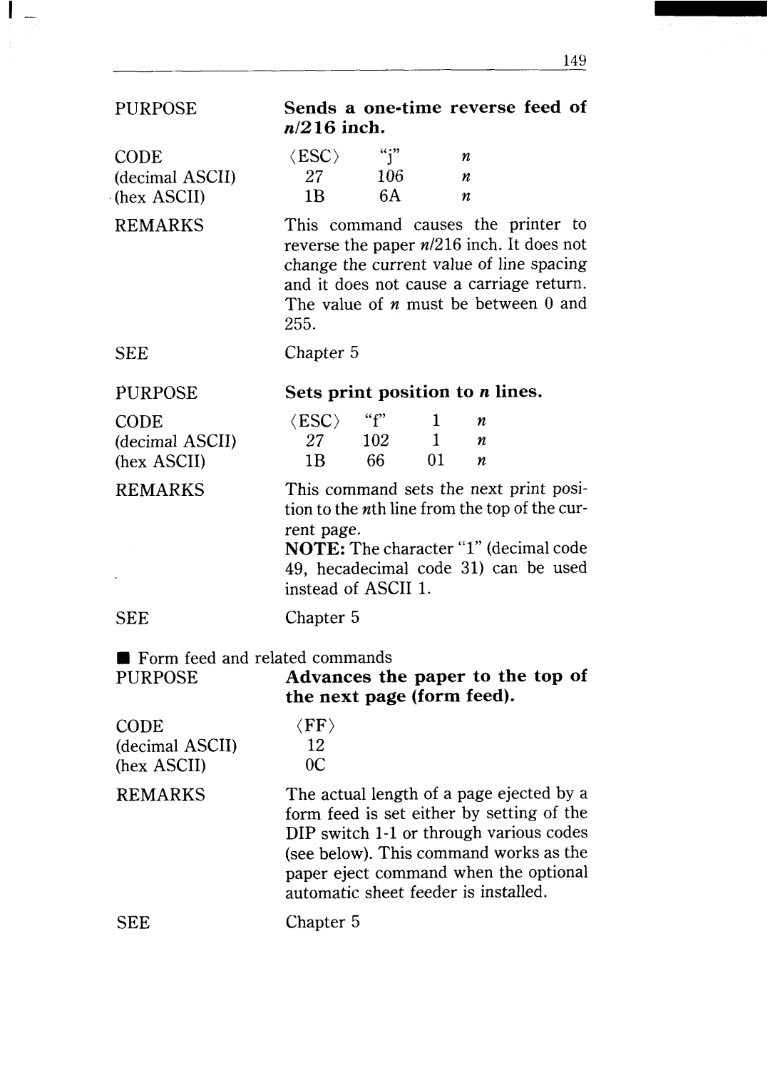 Star Micronics NX-15 user manual Sends a one-time reverse feed Inch 