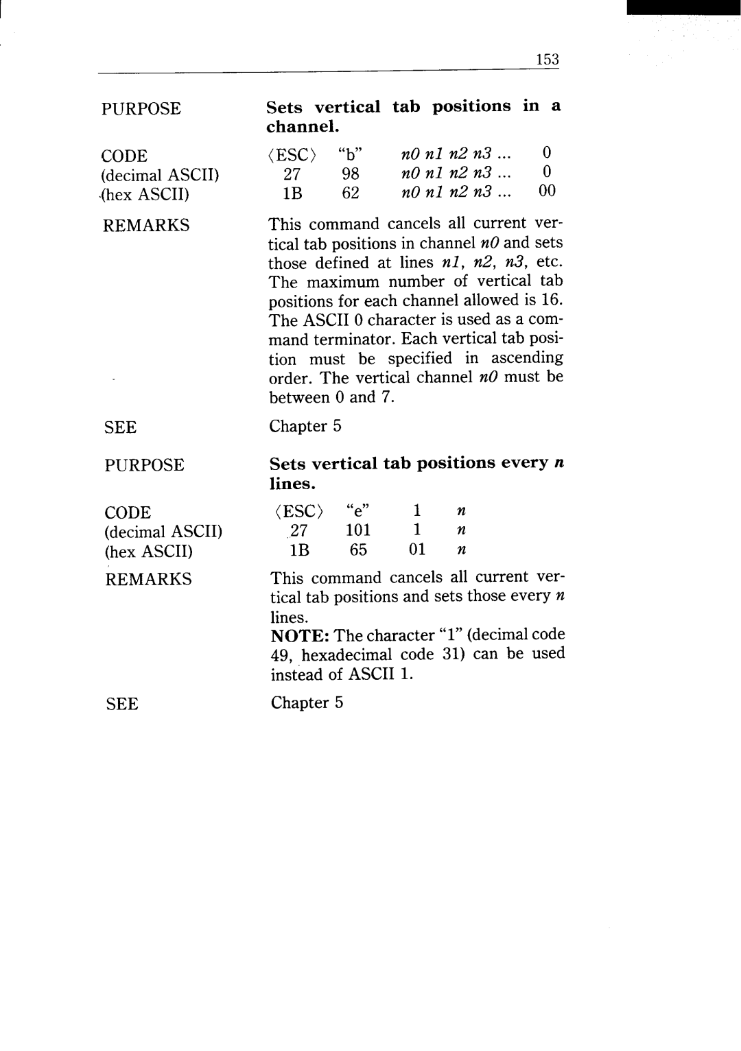 Star Micronics NX-15 user manual Remarks See, ESC b nOnl n2 n3 27 98 nO nl n2 n3 IB 62 nOnl n2 n3 