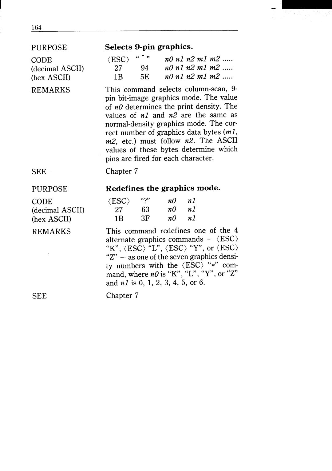 Star Micronics NX-15 user manual Purpose Code, 27 94 nOnl n2 ml m2 IB 5E nOnl n2 ml m2 