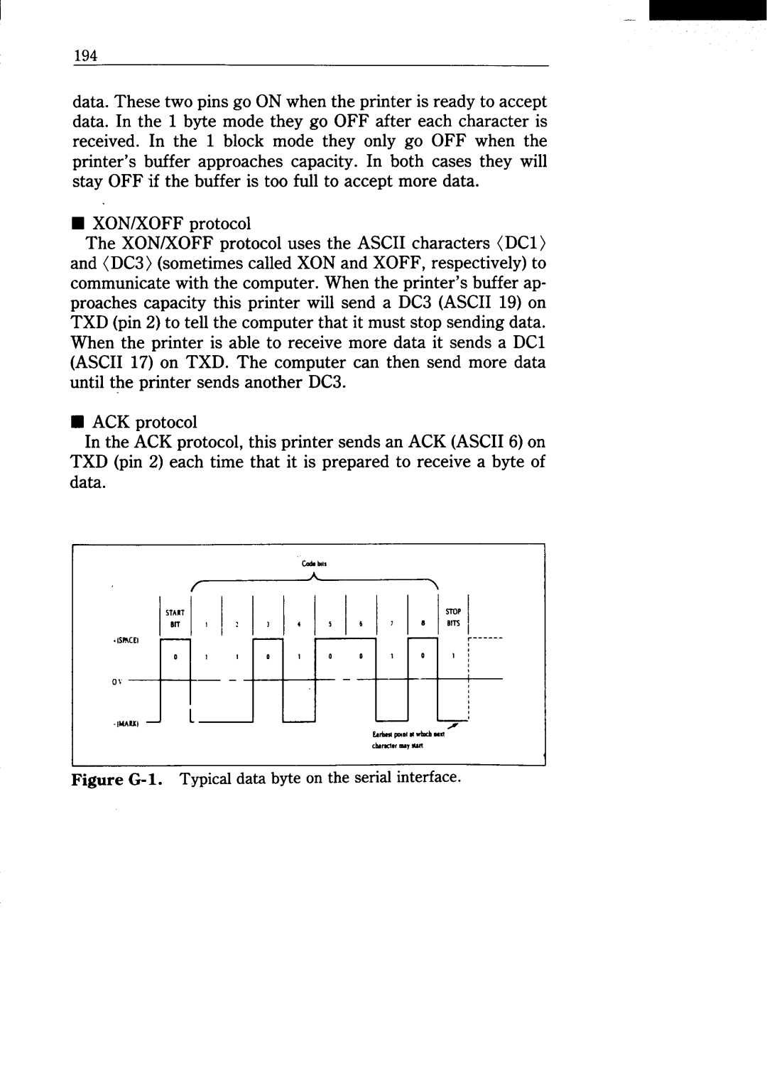 Star Micronics NX-15 user manual Figure G-1.Typical data byte on the serial interface 