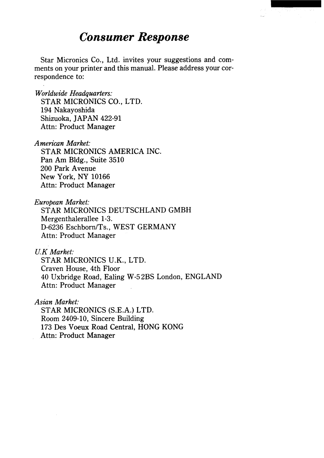 Star Micronics NX-15 user manual WorldwideHeadquutiers, American Market, EuropeanMarket, UK Market, Asian Market 