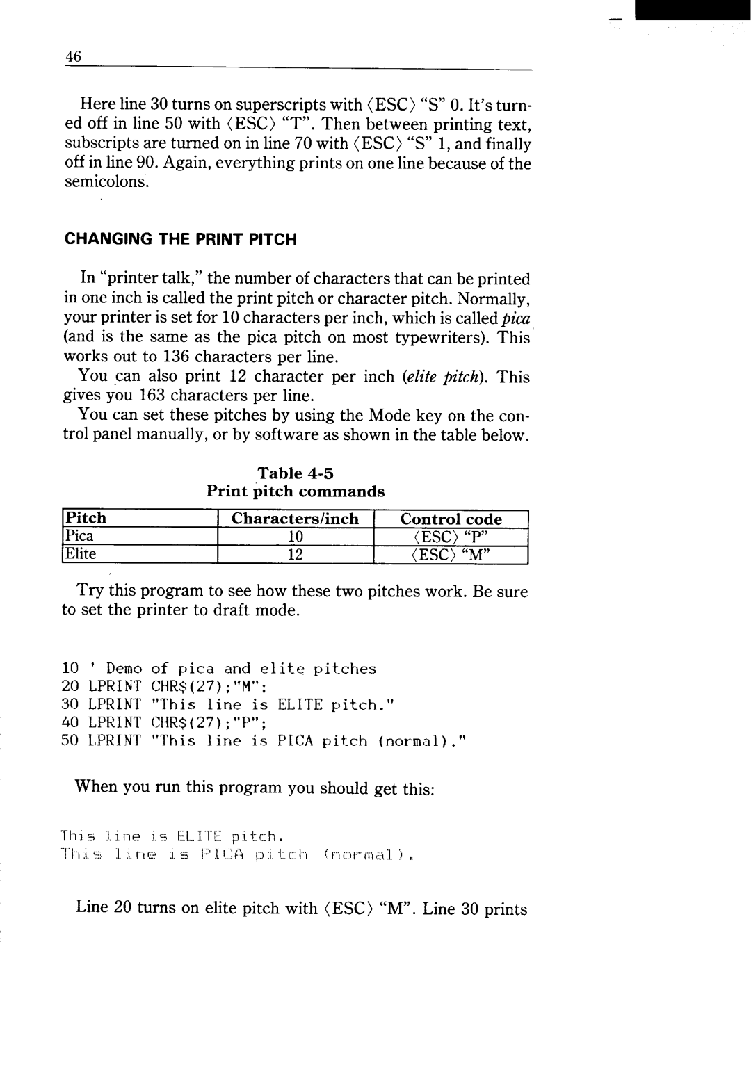 Star Micronics NX-15 user manual Line 20 turns on elite pitch with 