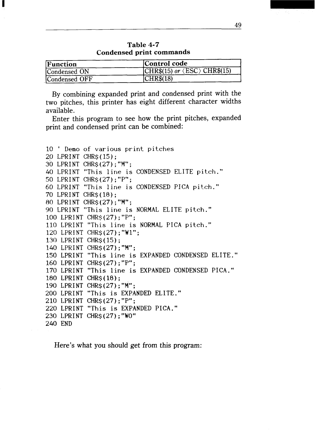 Star Micronics NX-15 user manual CondensedON, CondensedOFF CHR$18 