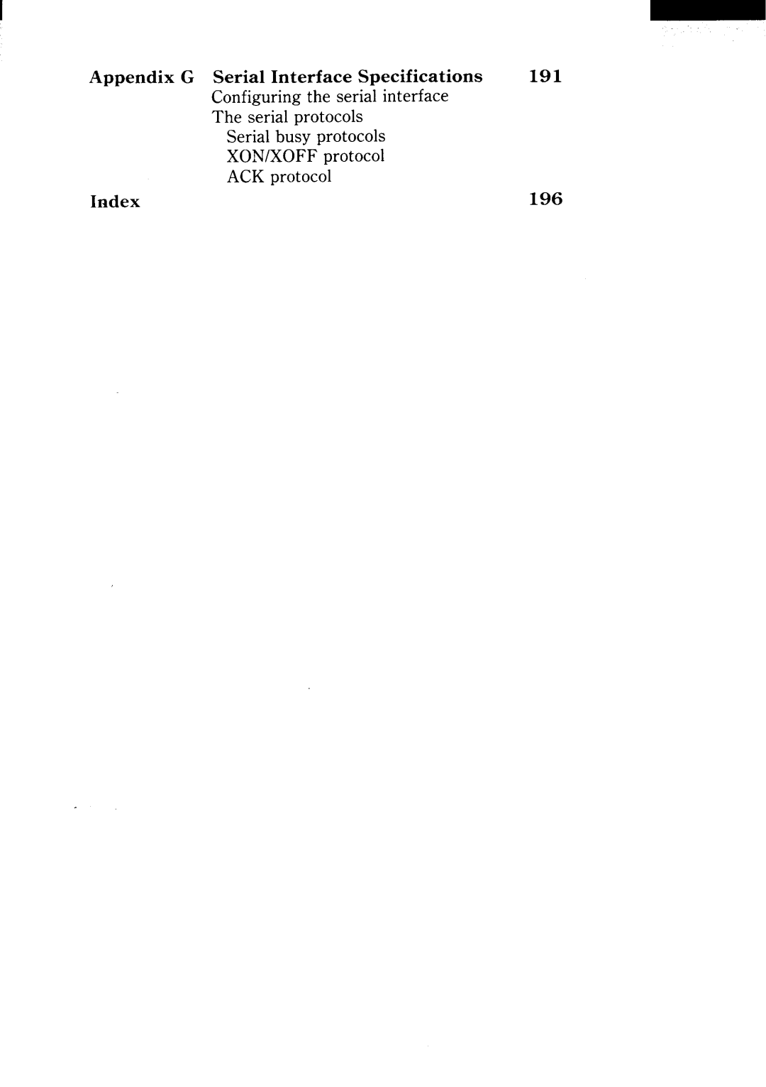 Star Micronics NX-15 user manual AppendixG SerialInterfaceSpecifications, Index196 