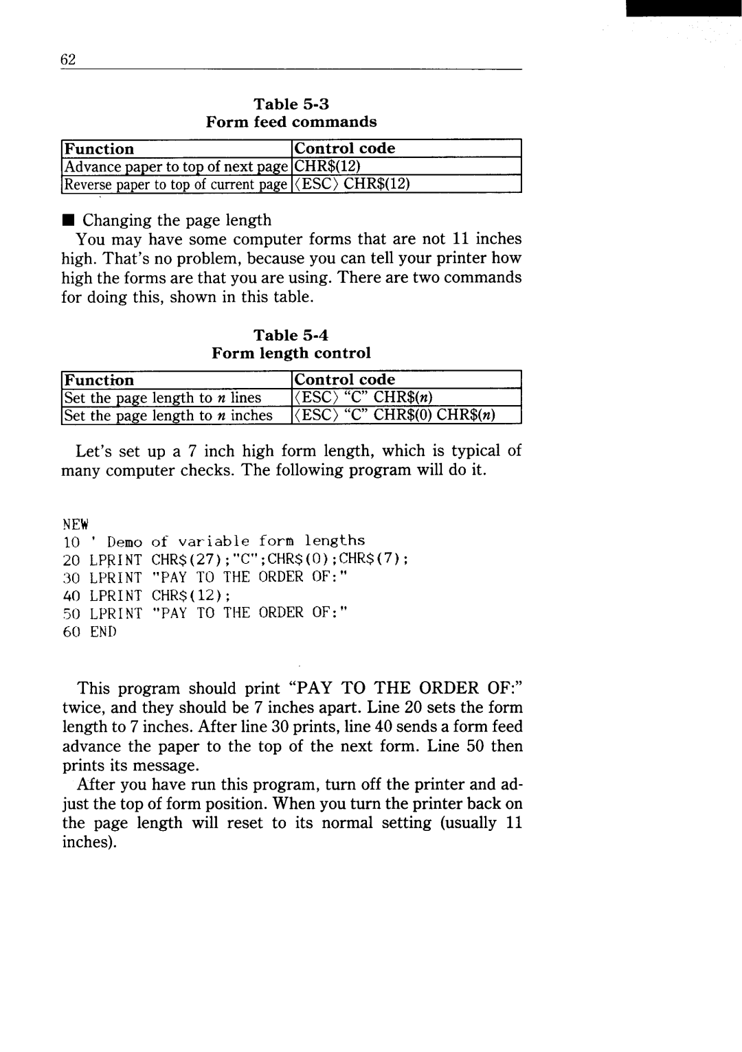 Star Micronics NX-15 user manual 10 ‘ Demo of variable form lengths Lprint CHR$27CCHR$0CHR$7 