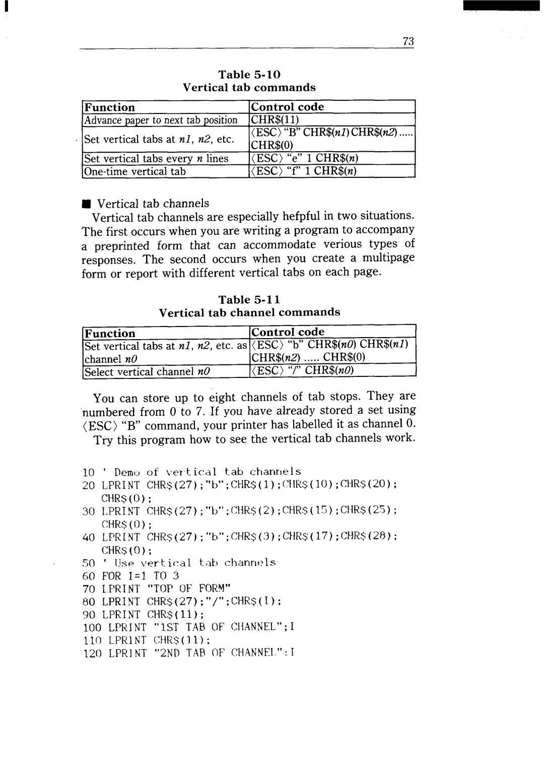 Star Micronics NX-15 user manual Chrso, Ipri NT TOP of Form, Lprint 1ST Tabof Channeli L1O -PRINTCHR$ 