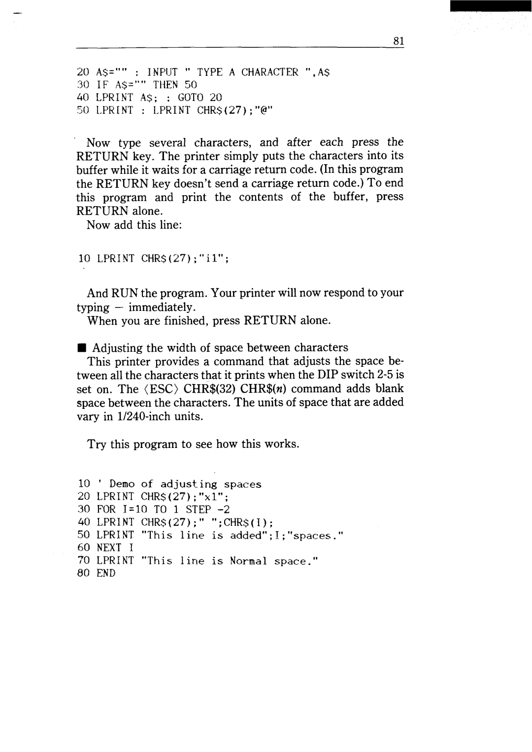 Star Micronics NX-15 user manual LPRINTA$ GOTO20, LPRINTCHR$27 xl For 1=10 to 1 Step 