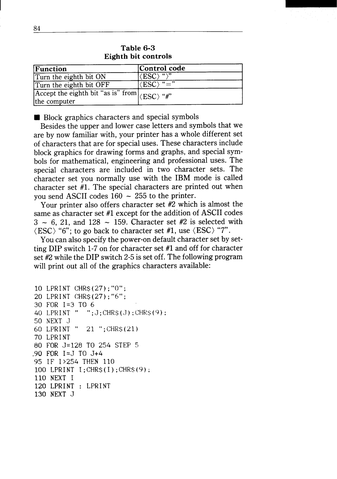 Star Micronics NX-15 user manual Turn the eighth bit on ESC Turn the eighth bit OFF ESC =, Nexti Lprint Lprint Nextj 