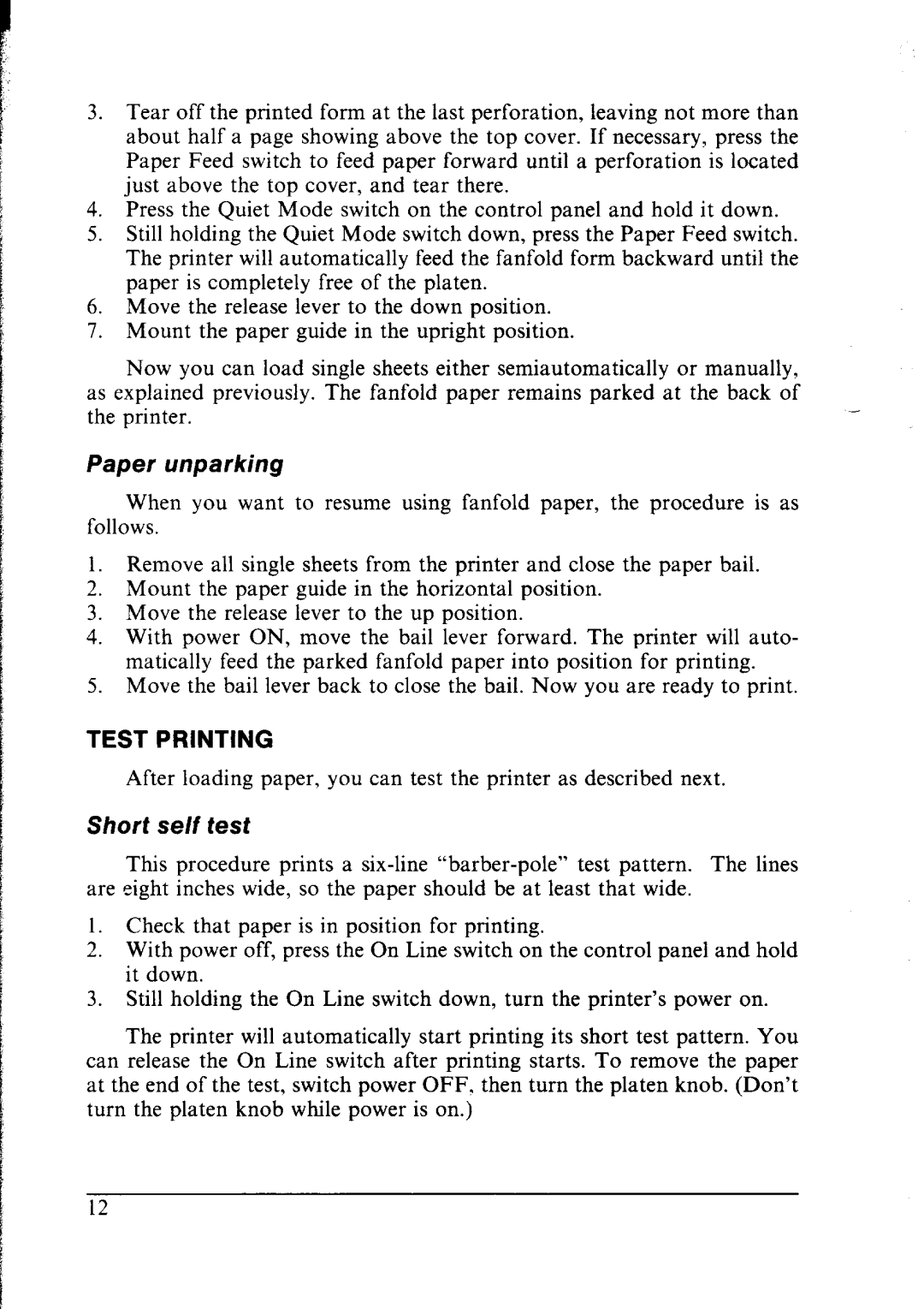 Star Micronics NX-2400 user manual Paper unparking, Short se/f test 