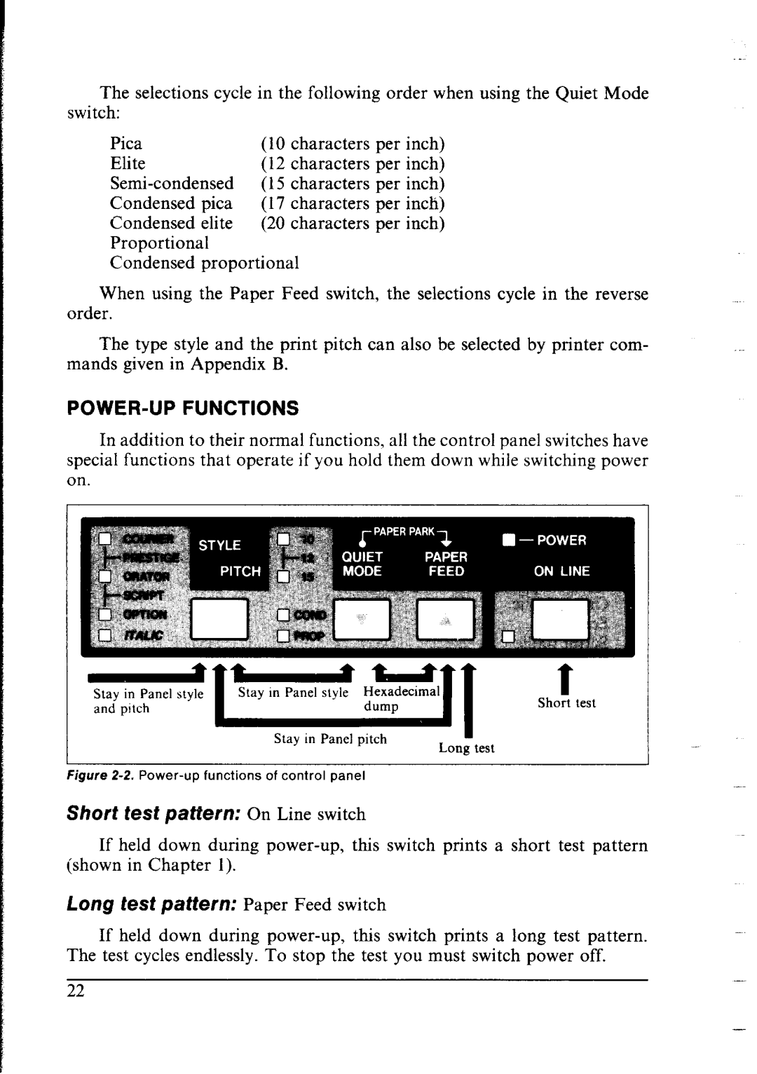 Star Micronics NX-2400 user manual POWER-UP Functions, Sh0ff test paffern On Line switch 