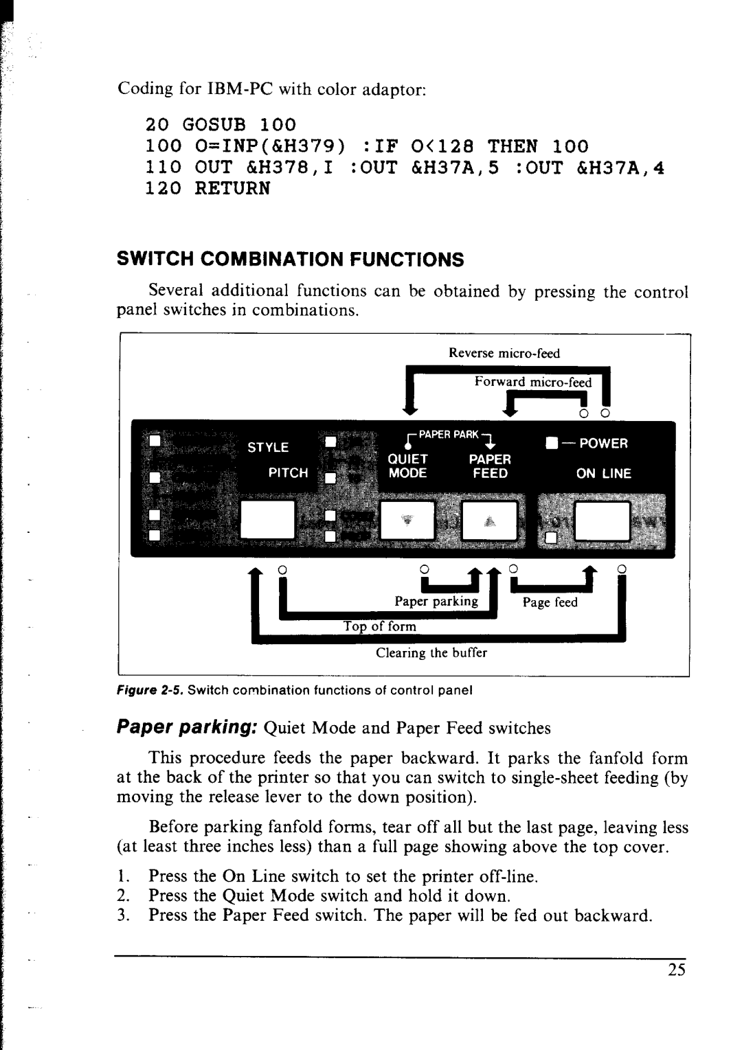 Star Micronics NX-2400 user manual Switch Combination Functions, Switch combination functions of control panel 